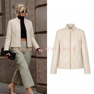 Elegant Basics | Cole Haan Light Beige Faux Leather Waist Jacket | Spring Style